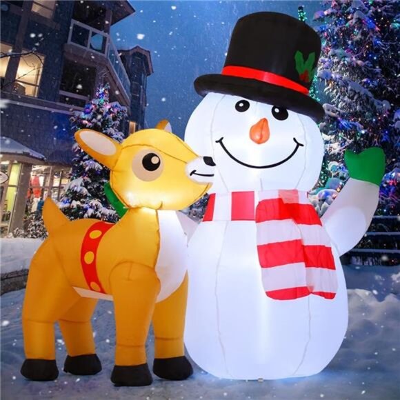 5.2ft Christmas Inflatable Snowman Reindeer Blow Up with Built-in LEDs